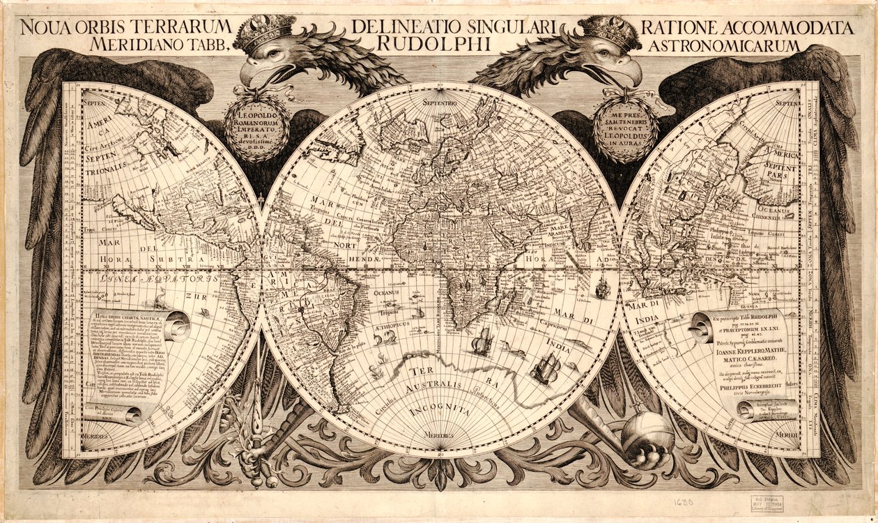 Den nya världen, från "Rudolfinens bord" av Johannes Kepler, 1627-30 av German School