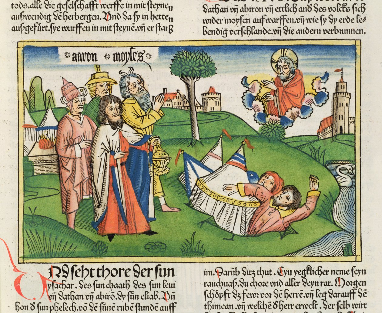 Nummer 16 32 Jorden sväljer rebellerna Dathan och Abiram, från Nürnbergbibeln (Biblia Sacra Germanaica) (färgat träsnitt) av German School