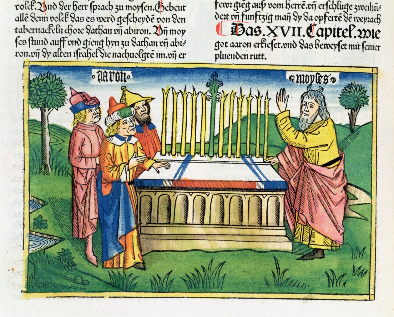 Nummer 17 1-11 Aarons stav blommar på altaret, från Nürnbergbibeln (Biblia Sacra Germanaica) (färgat träsnitt) av German School