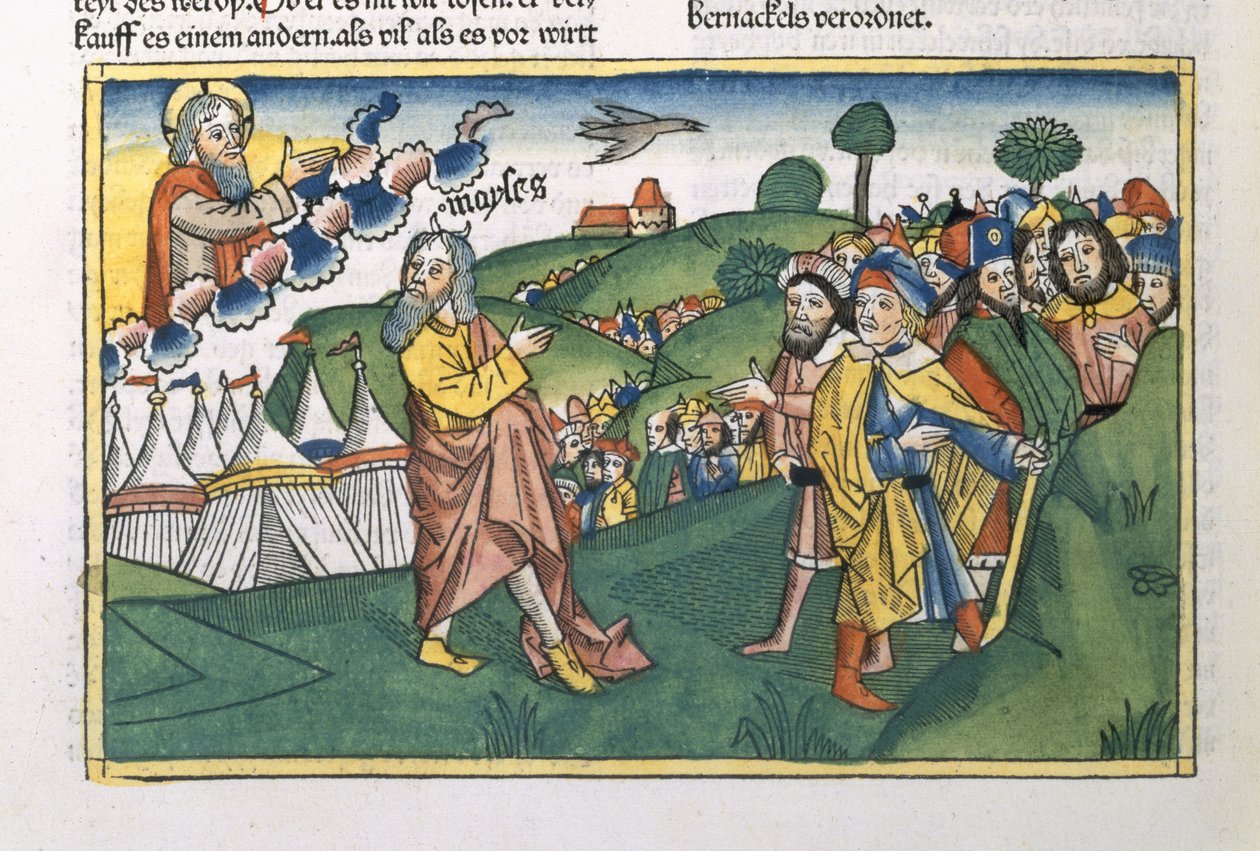 Nummer 1 1-20 Förberedelse för resan från berget Sinai, från Nürnbergbibeln (Biblia Sacra Germanaica) (färgat träsnitt) av German School