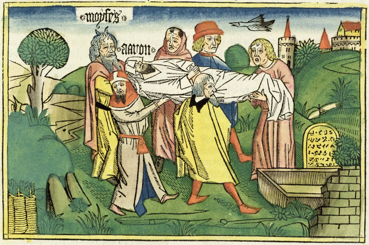 Nummer 20 22-29 Arons död, från Nürnbergbibeln (Biblia Sacra Germanaica) (färgat träsnitt) av German School