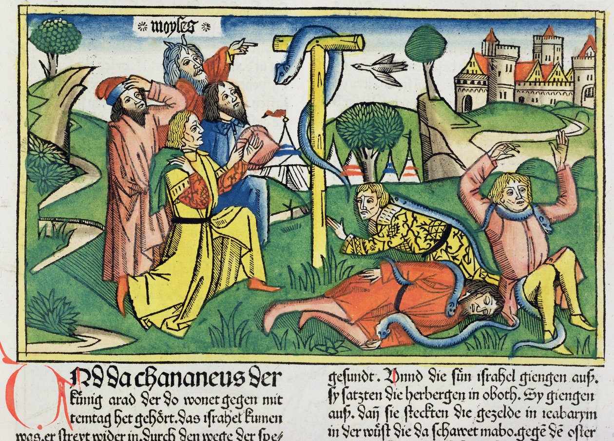Nummer 21 4-9 Giftiga ormar biter rebelliska israeliter, från Nürnbergbibeln (Biblia Sacra Germanaica) (färgat träsnitt) av German School