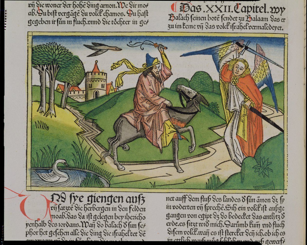 Nummer 22 20-35 Bileams talande åsna, från Nürnbergbibeln (Biblia Sacra Germanaica) (färgat träsnitt) av German School
