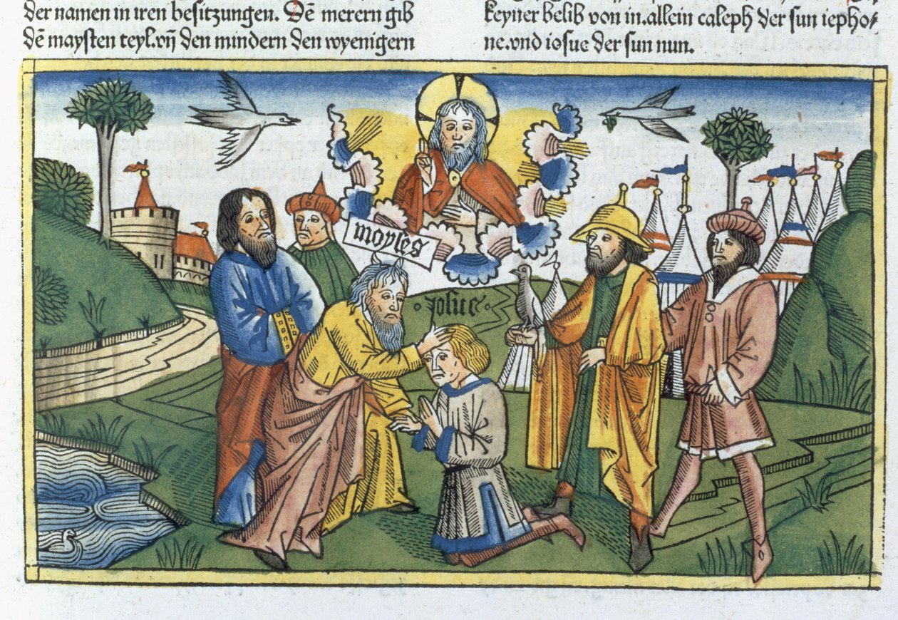 4 Mosebok 27 18-23 Moses lägger sin hand på Joshua, från Nürnbergbibeln (Biblia Sacra Germanaica) (färgat träsnitt) av German School