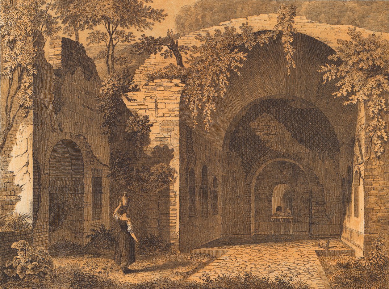 Nymphaeum för Egeria, Rom (färglitografi) av German School