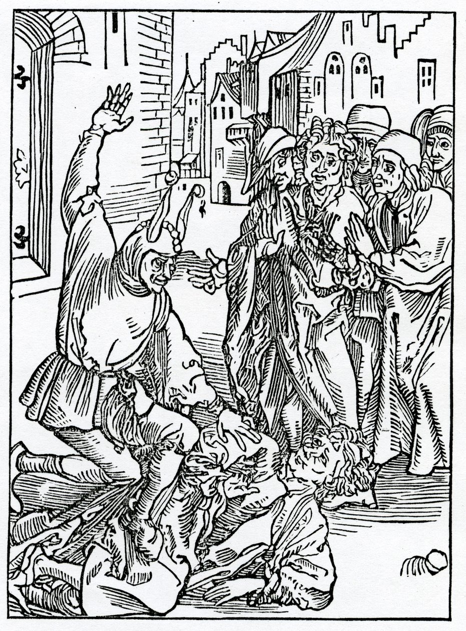 Av brekynge och hurtynge av amyte och frendshyp, illustration från Alexander Barclays engelska översättning av 