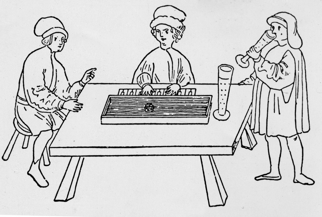 En av de första teckningarna som föreställer en Clavicord. Weimar 1400-talet. av German School