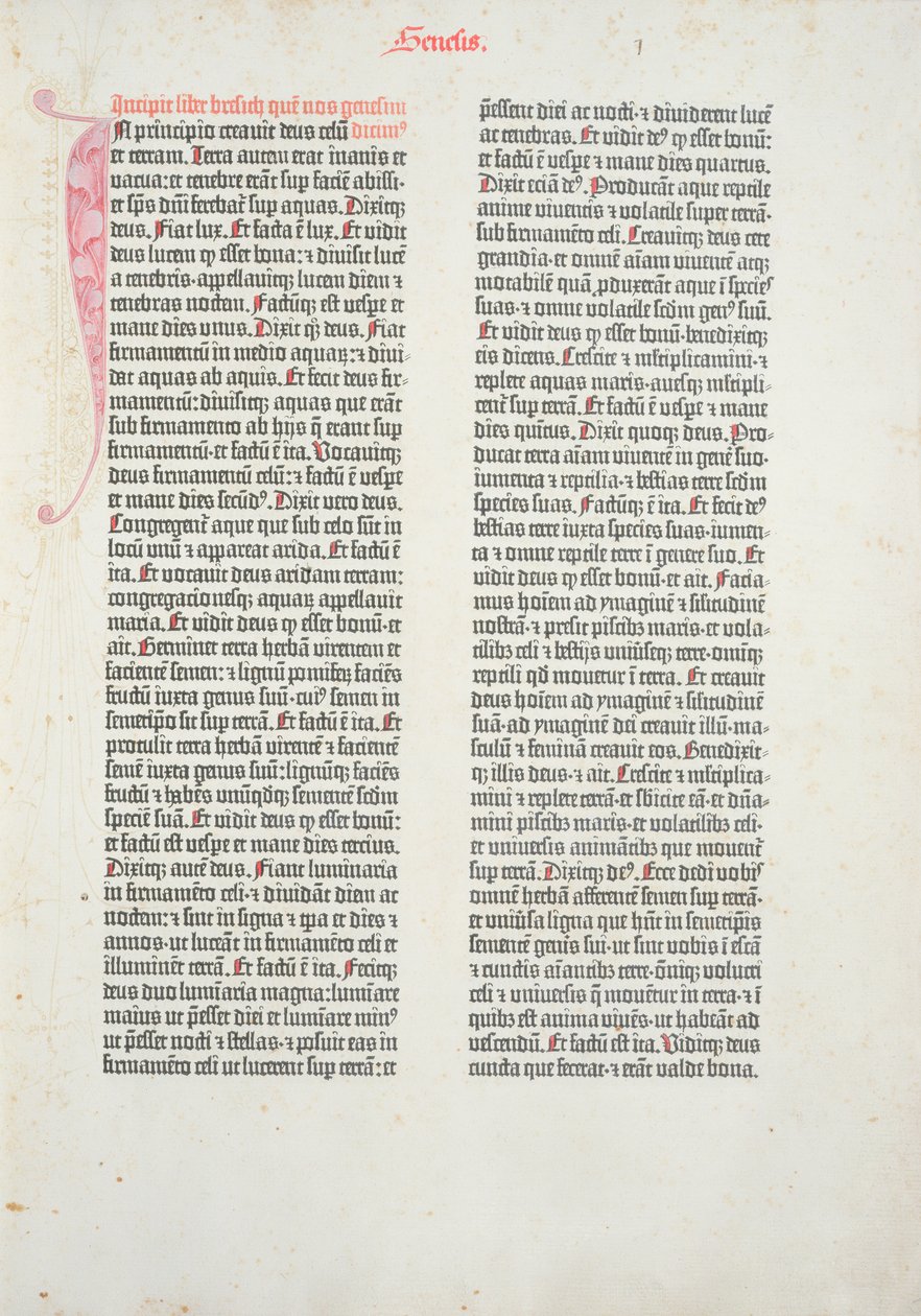 Öppningssidan av Första Moseboken från Gutenbergbibeln, tryckt av Johannes Gutenberg (ca 1400-68) och Peter Schoeffer (1425-1502) i Mainz, 1454-56 (tryckt papper) av German School
