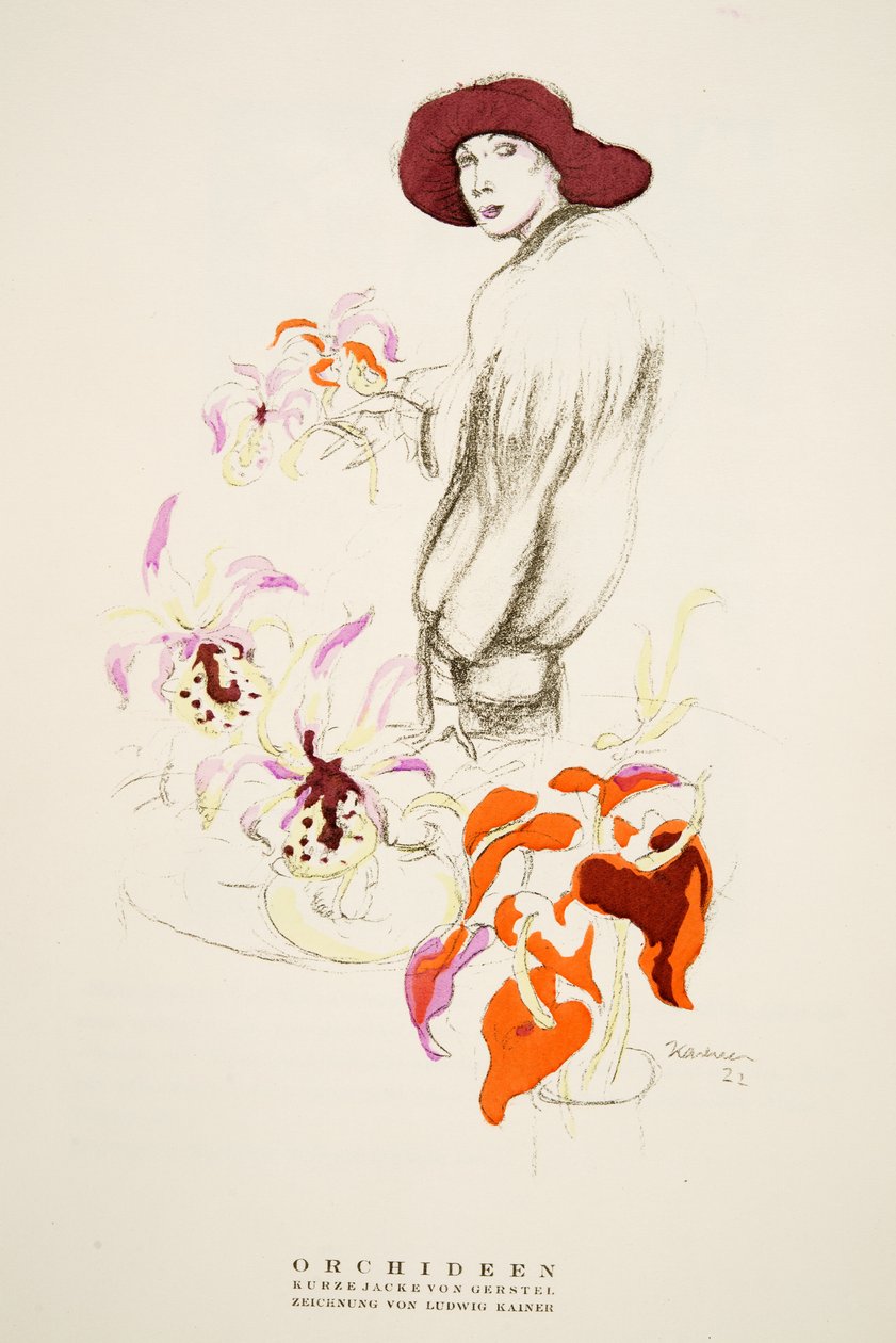 Orchideen, kort jacka av Gerstel, från Styl, pub.1922 (pochoir-tryck) av German School