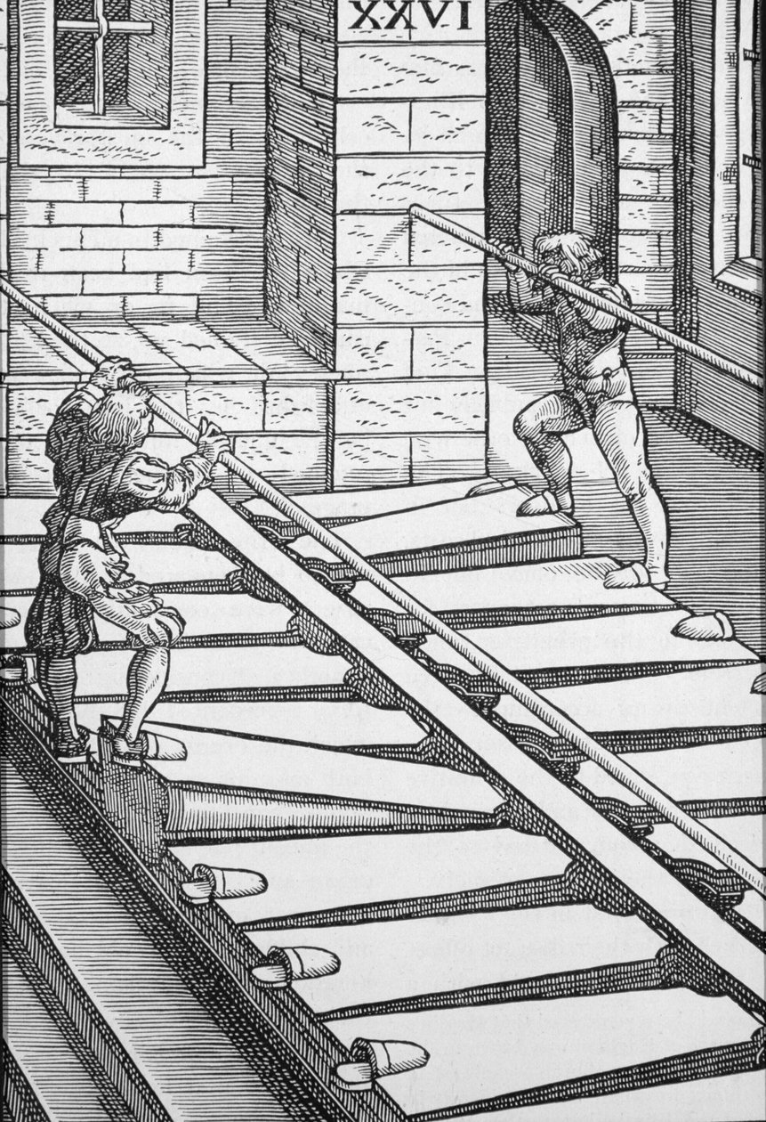 Orgelbälgar och blåsare i Halberstadt-katedralen, från "Praetorius Syntagma Musicum", pub. år 1619 (gravyr) av German School
