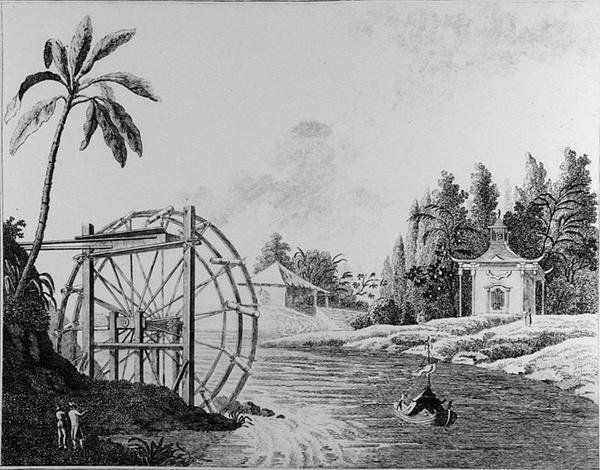 Prydnadsvattenhjul med kinesisk paviljong och segelbåt, från "Recent New Ideas for the Garden", publicerad 1779 (gravyr) (s/v foto) av German School