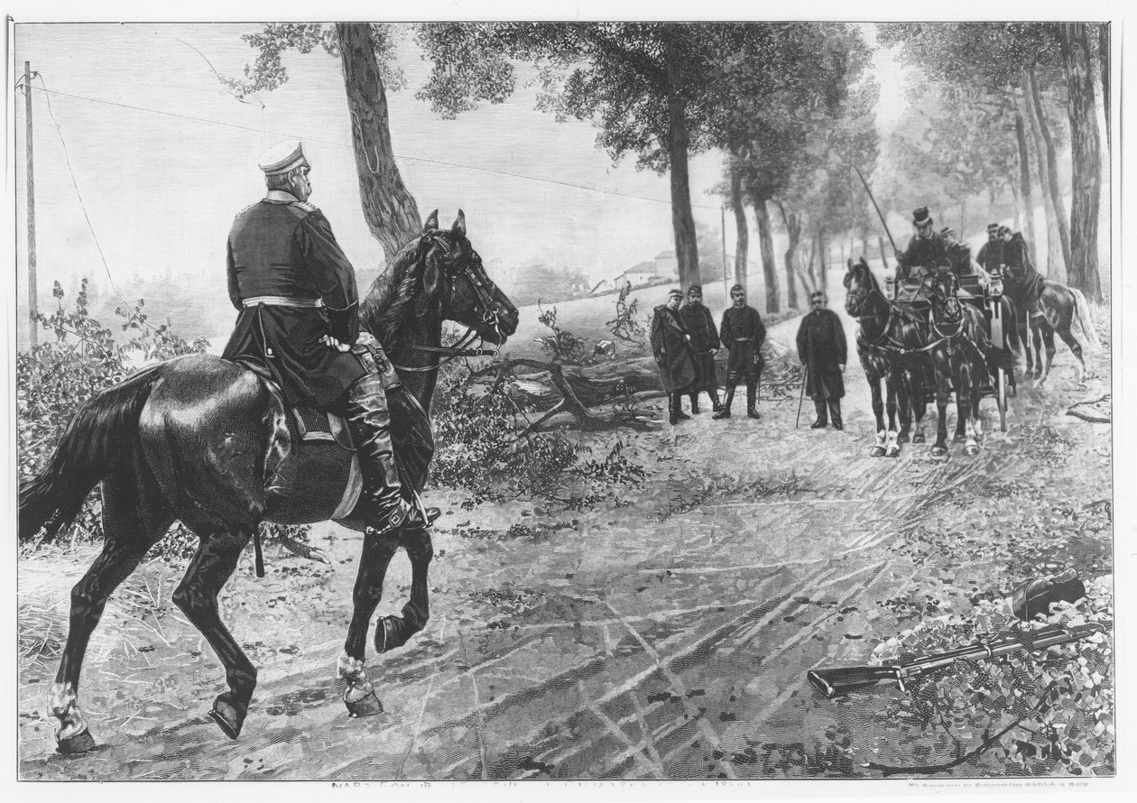 Otto von Bismarck och Napoleon III möter vid Chaussee Von Donchery den 2 september 1870 (gravyr) av German School