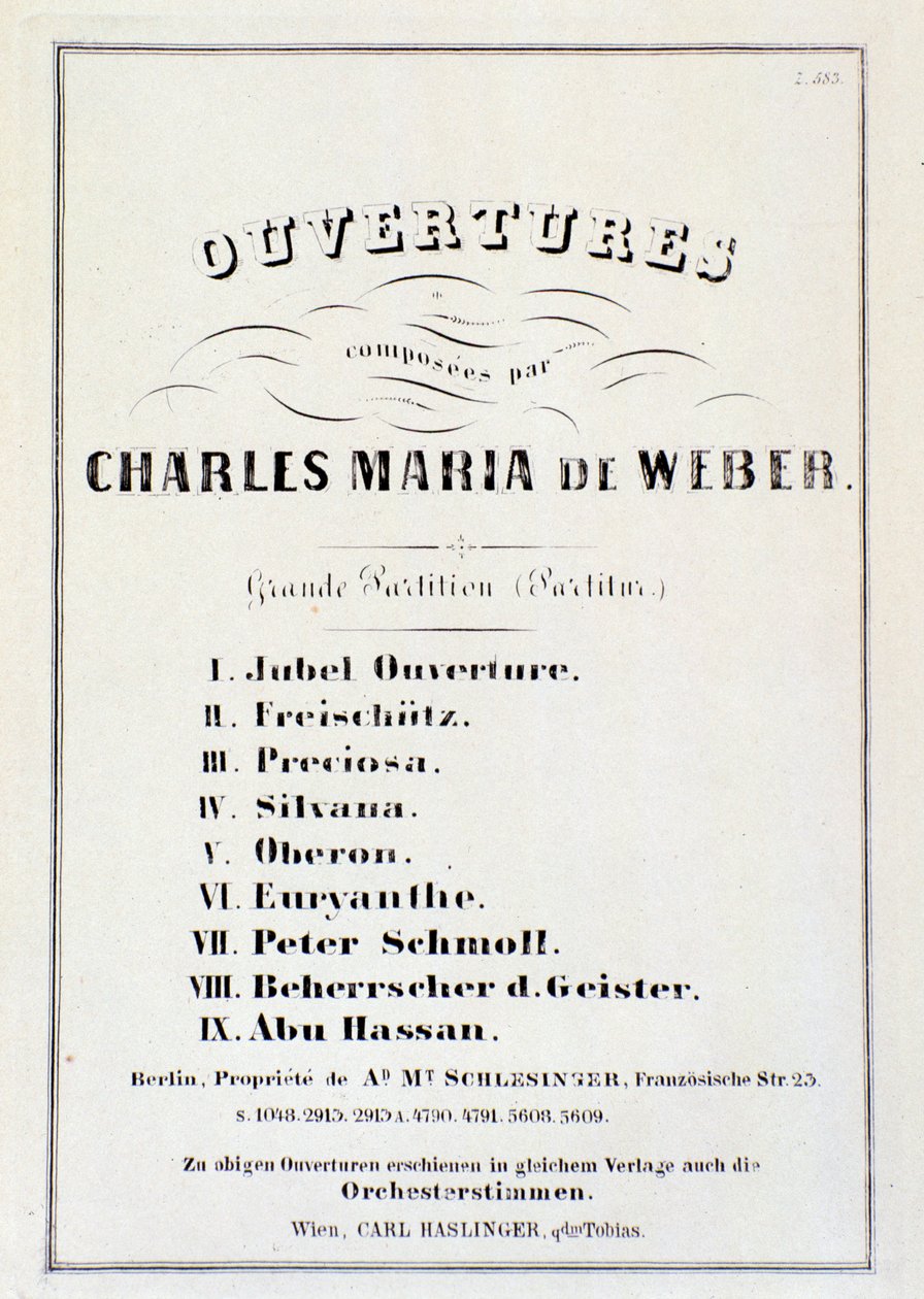 Sida med presentation av ouverturer från olika operor av Carl Maria von Weber (litho) av German School