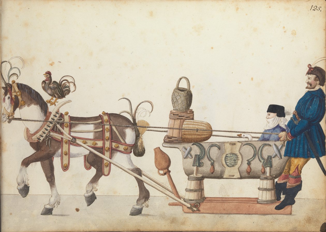 Tävlingssläde i parad, ca 1640 (penna och bläck, akvarell och tvättar) av German School
