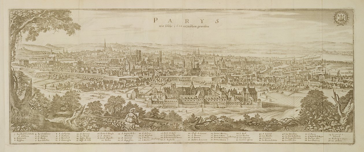 Panoramautsikt över Paris 1620, från Topographia Galliae av Martin Zeiller (1589-1661) publicerad 1655 av German School
