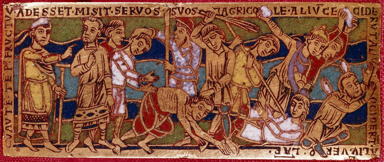 Liknelse om arbetarna av vinstocken eller liknelse om arbetarna i elfte timmen. Emaljplåt på koppar. Rhenane skola. 1100-talet. Florens, Nazionale Museo del Bargello av German School