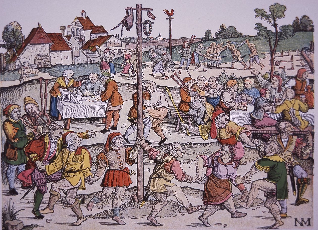 Bönder som dansar (handfärgad gravyr) av German School