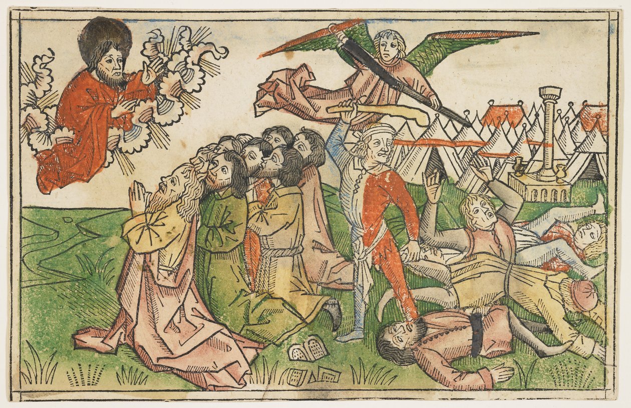 Israels folk straffades för att tillbe falska gudar omkring 1478, från Kobergerbibeln, Nürnberg, 1483 (handfärgat träsnitt) av German School