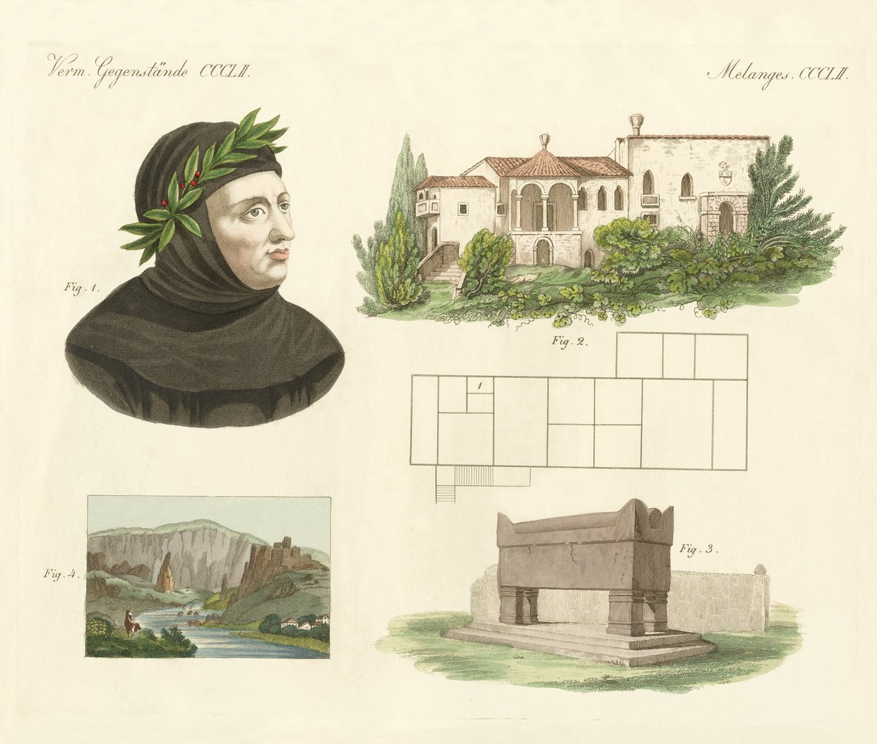 Petrarca, hans lägenhet i Arqua, hans grav tillsammans med utsikt över Vaucluse (färgad gravyr) av German School