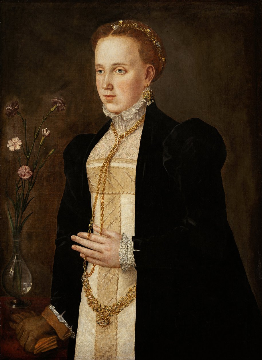 Philippine Welser (hustru till Ferdinand II av Tyrolen eller Habsburg) - Porträtt av Philippine Welser (1527-1580), av sydtysk mästare (1500-talet). Olja på duk, ca 1557. Konsthistoriska museet, Wien av German School