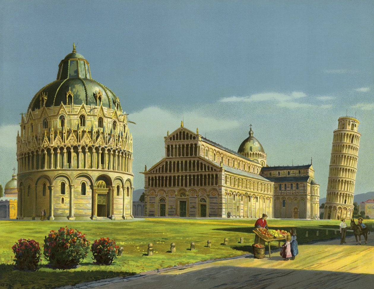 Pisa, dopkapellet, katedralen, lutande tornet (chromolitho) av German School