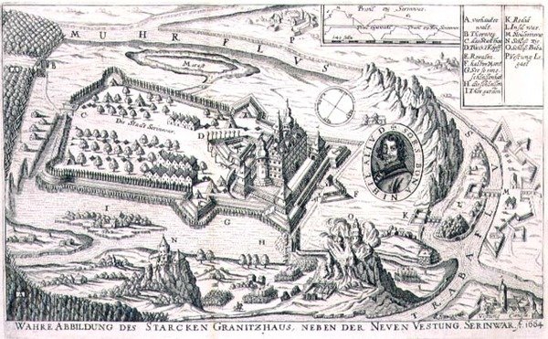 Plan över granitfästet nära New Serinwar 1664, illustration från en bok om de osmanska kampanjerna i Europa, graverad av Paul Furst (ca 1605-66) (gravyr) av German School
