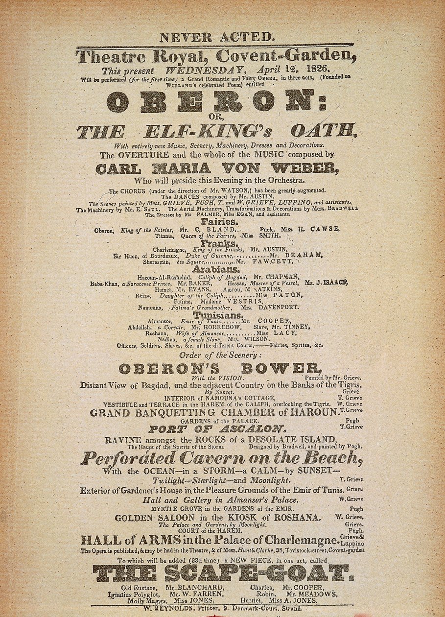 Playbill av den första föreställningen av "Oberon", av Carl Maria von Weber, i Convent Garden, London, 12 april av German School
