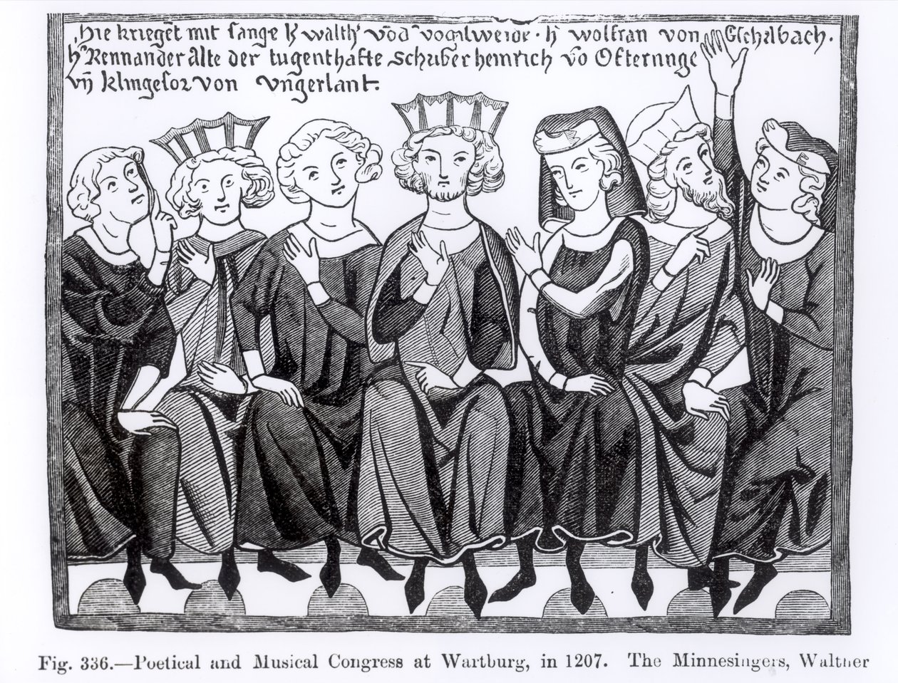 Poetisk och musikalisk kongress, Wartburg, 1207, illustration från vetenskap och litteratur under medeltiden och renässansen, skriven och graverad av Paul Lacroix, 1878 av German School
