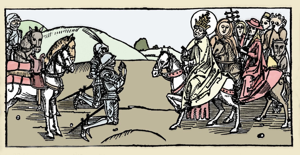 Påven Leon I möter Attila och Arrete - Barbarians invasioner - Gravyr från "Leben der Heiligen - sommerteil" (The Book of the Saint) av Jacobus (James) av Voragine (1228-1298). Lübeck 1488. av German School