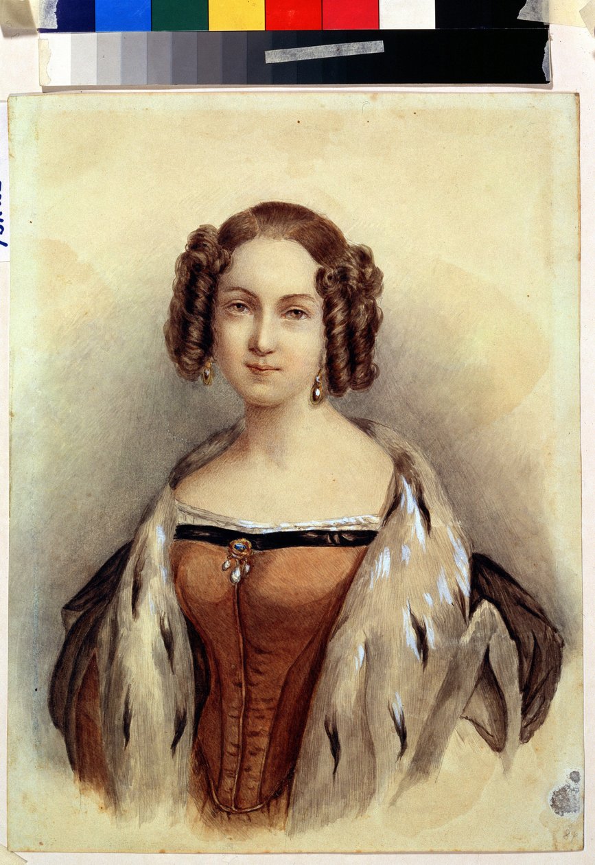Porträtt av prinsessan Marie av Hessen och Rhen (1824-1880), som kommer att bli kejsarinna av Ryssland (Porträtt av prinsessan Marie av Hessen och Rhen, framtida kejsarinna av Ryssland). Anonym målning. Akvarell på papper, 39,3 x 23 cm, sent 1830. Tysk kon av German School