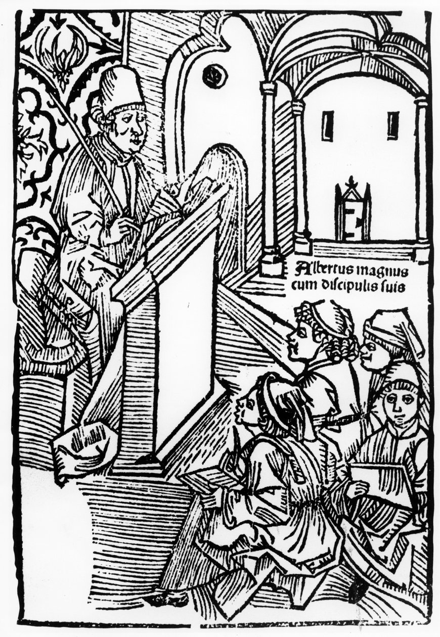 Porträtt av Albertus Magnus med några av hans elever, illustration till titelbladet till Epitomata, reparationer eller hela Aristoteles naturfilosofi. av Gerardus de Harderwyck, publicerad 14 av German School