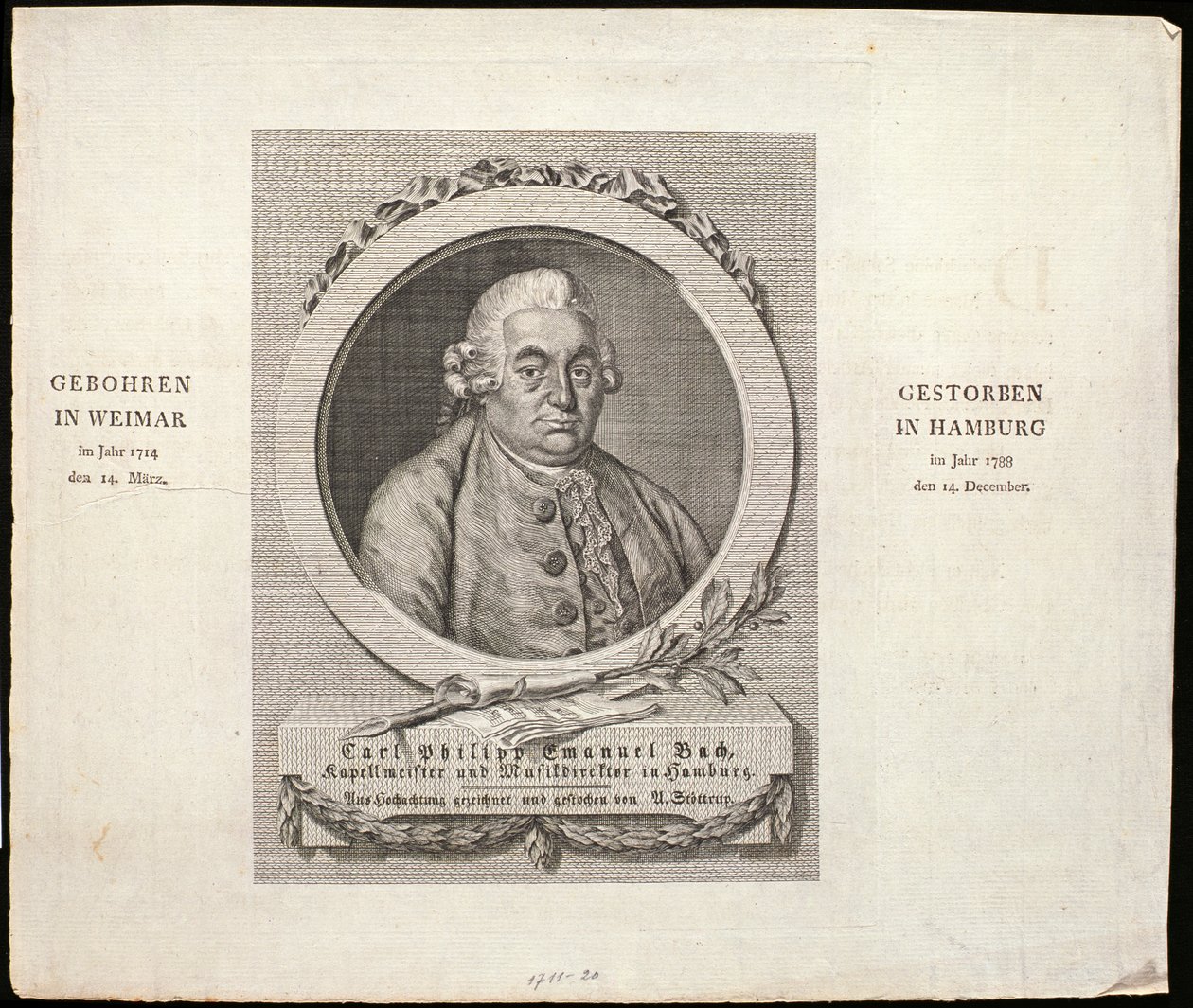 Porträtt av Carl Philipp Emanuel Bach (1714-88) graverad av C. D. Krohn, 1788 av German School