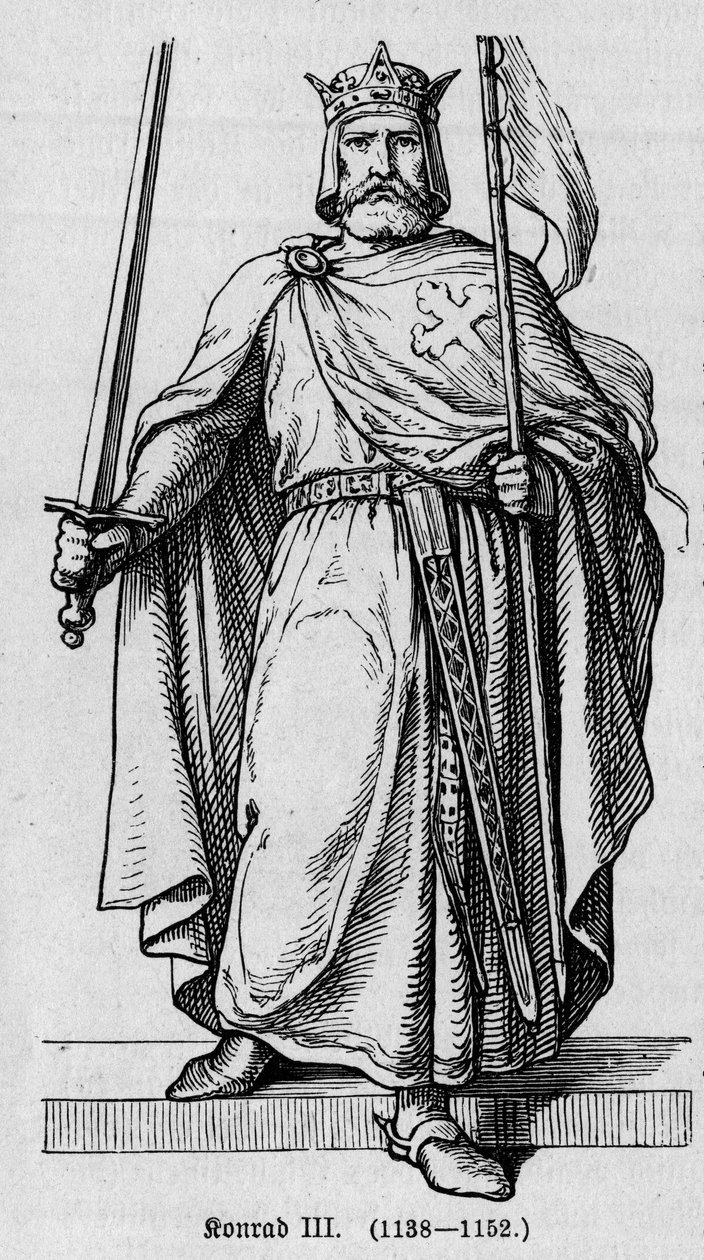 Porträtt av Conrad III av Hohenstaufen (1093-1152), tysk romersk kejsare. Gravyr i "" Kaiser, Konig und Papft"" av Richard Roth av German School