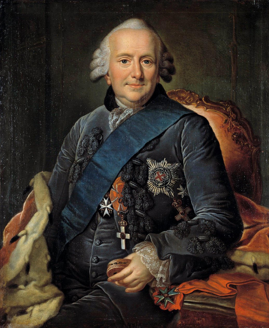 Porträtt av Ferdinand, hertig av Brunswick (1721-1797), chef för de preussiska arméerna, han dekorerar insignier av strumpebandsordningen Anonym tysk målning av German School