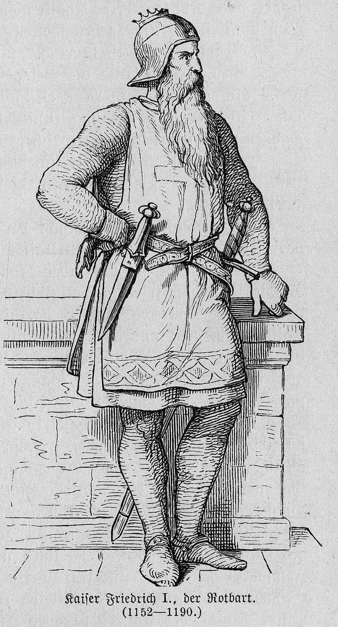 Porträtt av Frederic I av Hauhenstaufen känd som Frederic Barberousse (1122-1190), tysk romersk kejsare. Gravyr i "" Kaiser, Konig und Papft"" av Richard Roth av German School