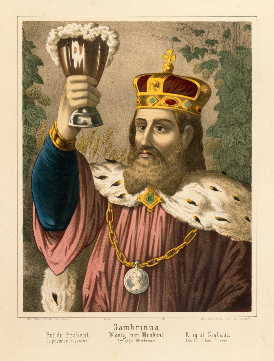 Porträtt av Gambrinus, legendarisk kung av Flandern, bildblad utgivet av F.C. Wentzel, Weissenburg, 1870 av German School