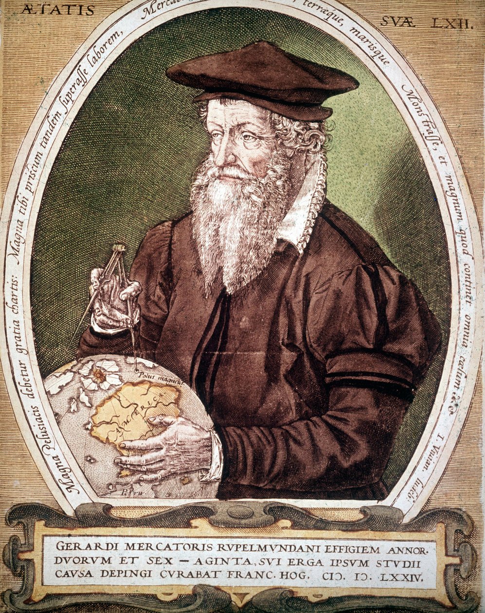 Porträtt av Gerhard Kremer dit Gerardus Mercator (1512-1594). Falsk titel på den första upplagan av Atlas. av German School