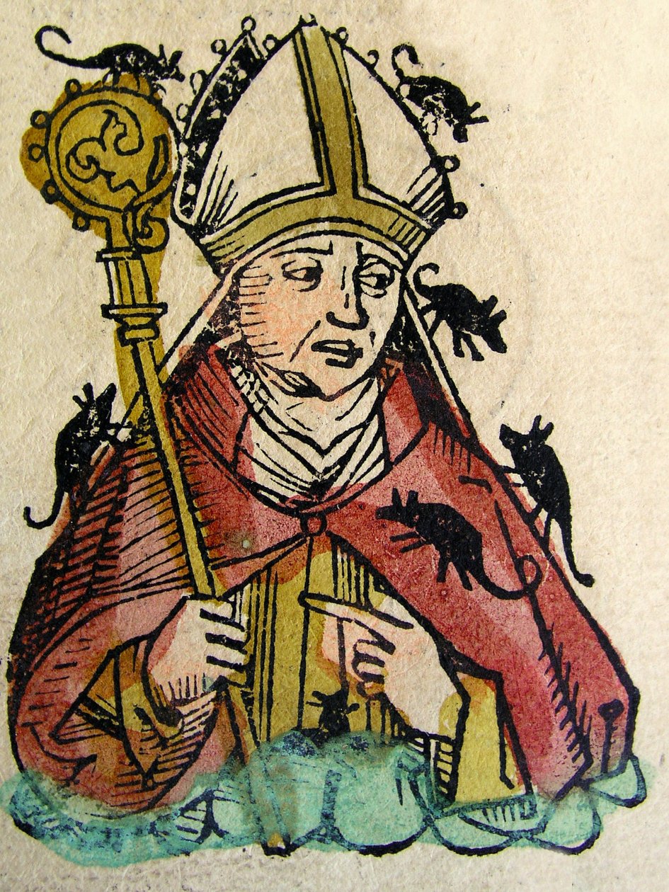 Porträtt av Hatto, ärkebiskopen av Mainz avbildad när han äts levande av möss, publicerad i Nürnbergkrönikan, 1493 av German School