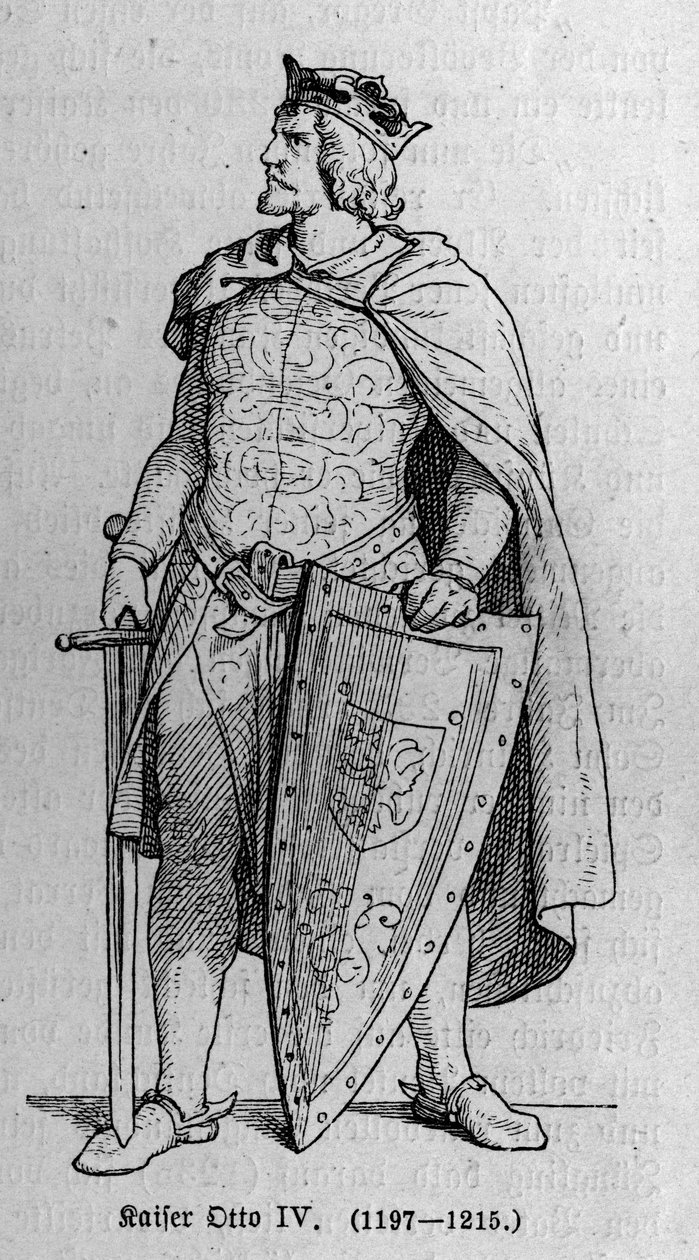 Porträtt av Otto av Brunswick (1174/1182-1218), tysk romersk kejsare och kung av Italien. Gravyr i "" Kaiser, Konig und Papft"" av Richard Roth av German School
