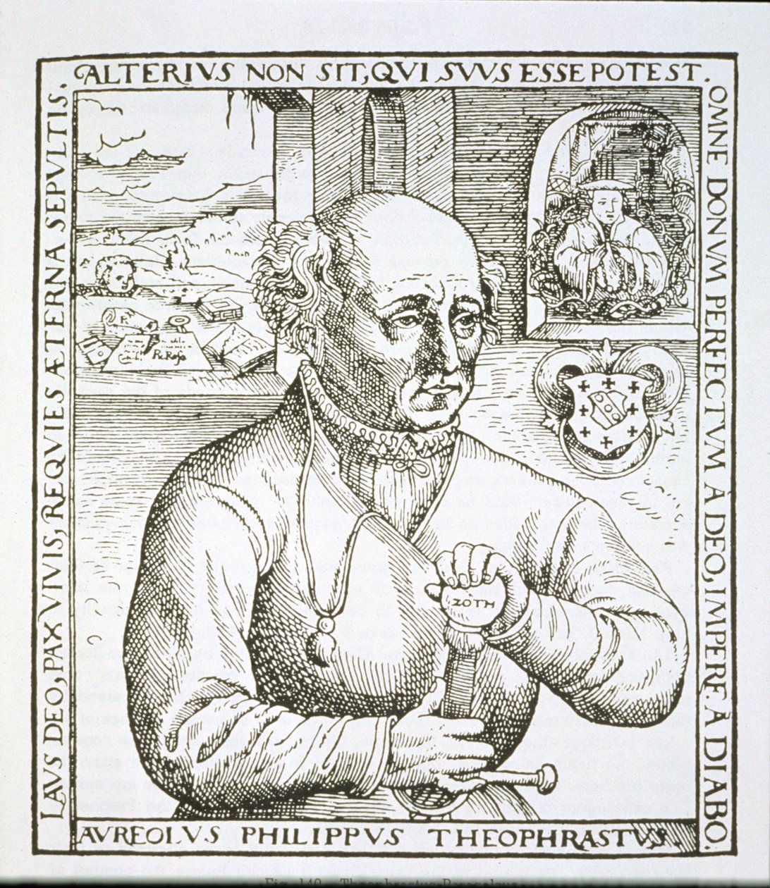 Porträtt av Theothrastus Paracelsus (1493-1541), kopia av en illustration från hans bok Astronomica et Astrologica Pouscula, Köln 1567, använd i en historia om magi, publicerad i slutet av 1800-talet (woodc av German School