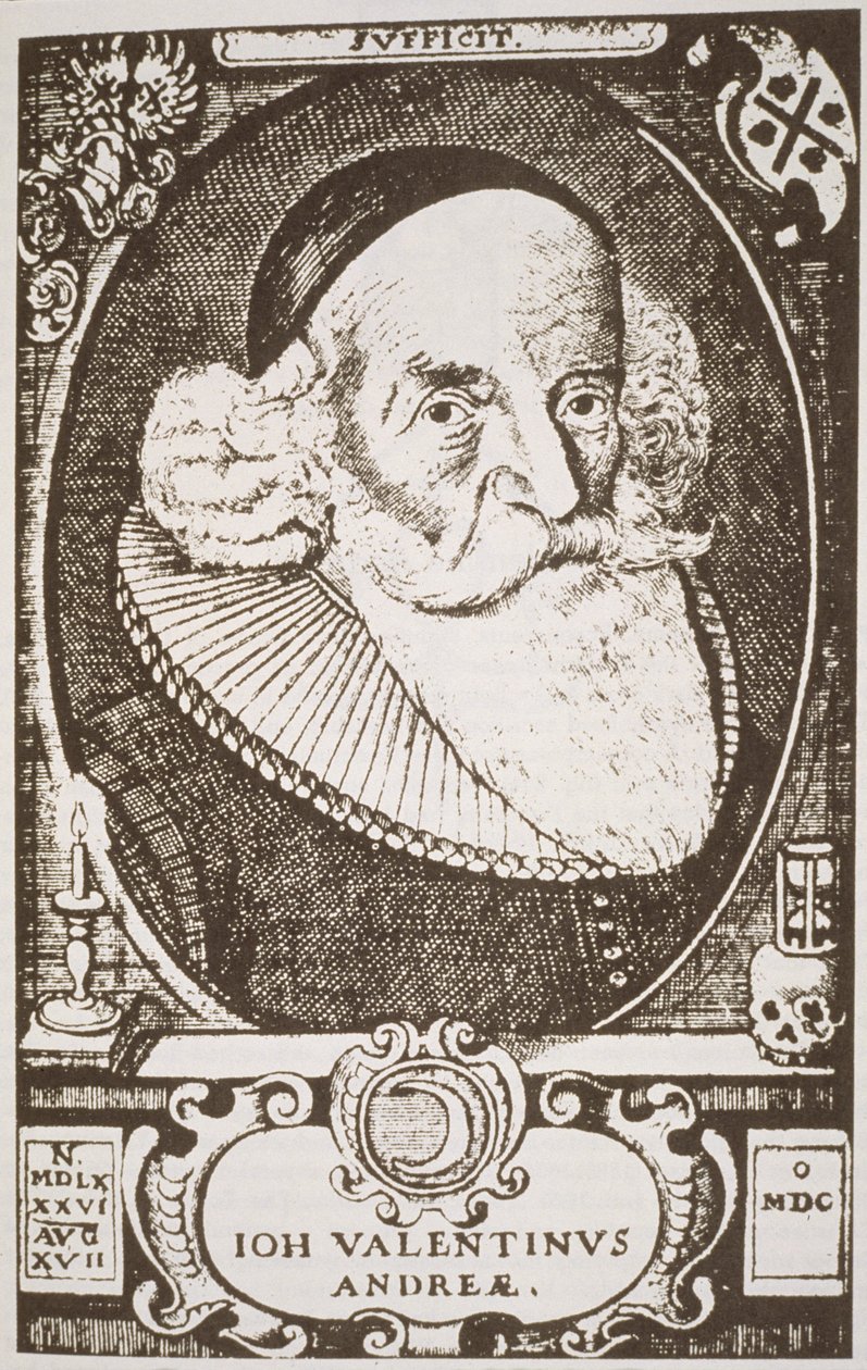 Porträtt av Valentine Andreae (1568-1643), kopia av en tysk gravyr illustrerad i History of Magic, publicerad i slutet av 1800-talet av German School