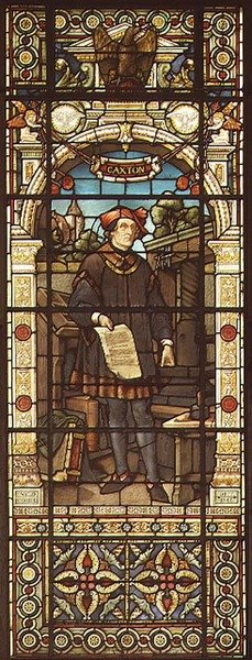 Porträtt av William Caxton (ca 1422-91) utfört av Mayer and Co., Münchenbaserad firma verksam i London, ca 1880 (glasmålningsfönster). av German School