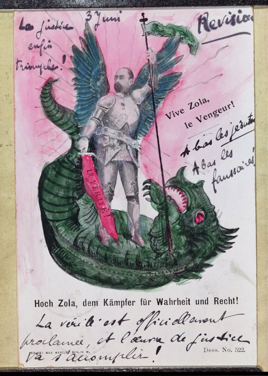 Vykort som föreställer Noble Zola, Warrior for Truth and Justice med anteckningar (färg litho med penna och bläck och wc) av German School