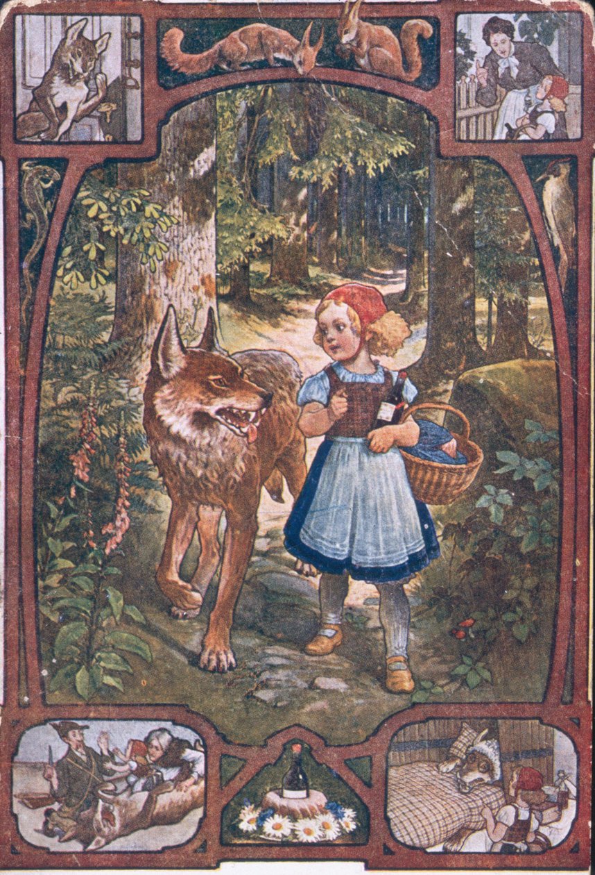 Vykort som visar scener från Rödluvan, ca 1910 av German School