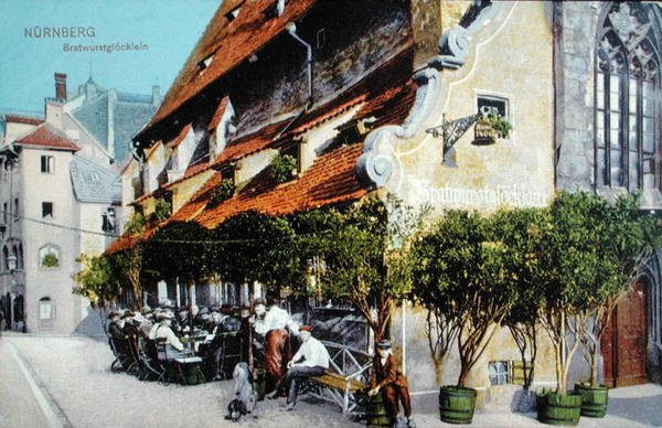 Vykort som visar restaurangen Bratwurstglocklein i Nürnberg, före 1914 (färgad bild) av German School