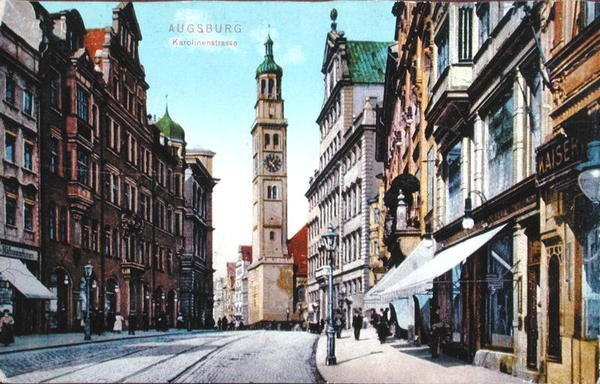 Vykort föreställande Karolinenstrasse i Augsburg, ca 1910 (färgat foto) av German School