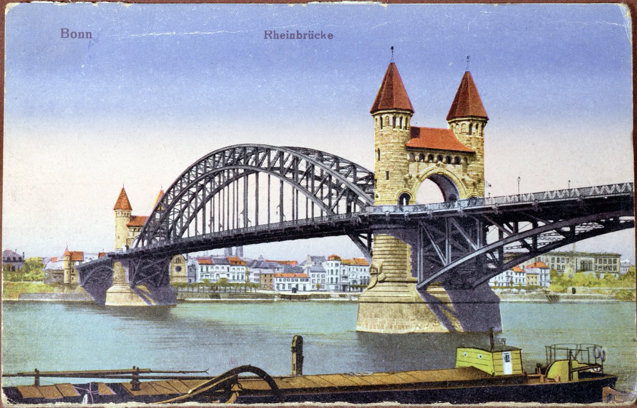 Vykort föreställande bron över floden Rhen i Bonn, ca 1900 (färgat foto) av German School