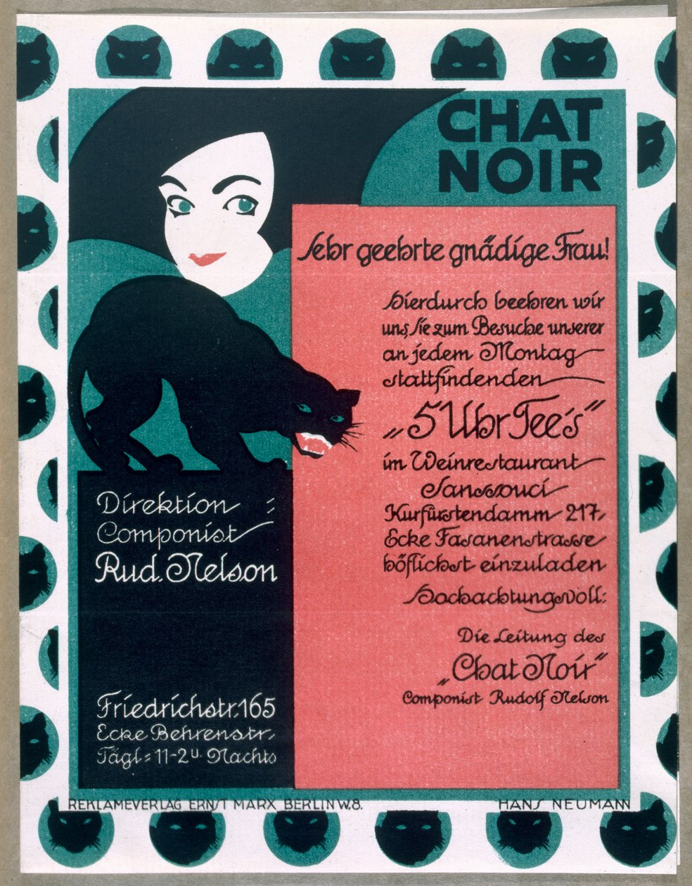 Affisch med reklam för kabarén "Chat Noir" i Berlin av German School