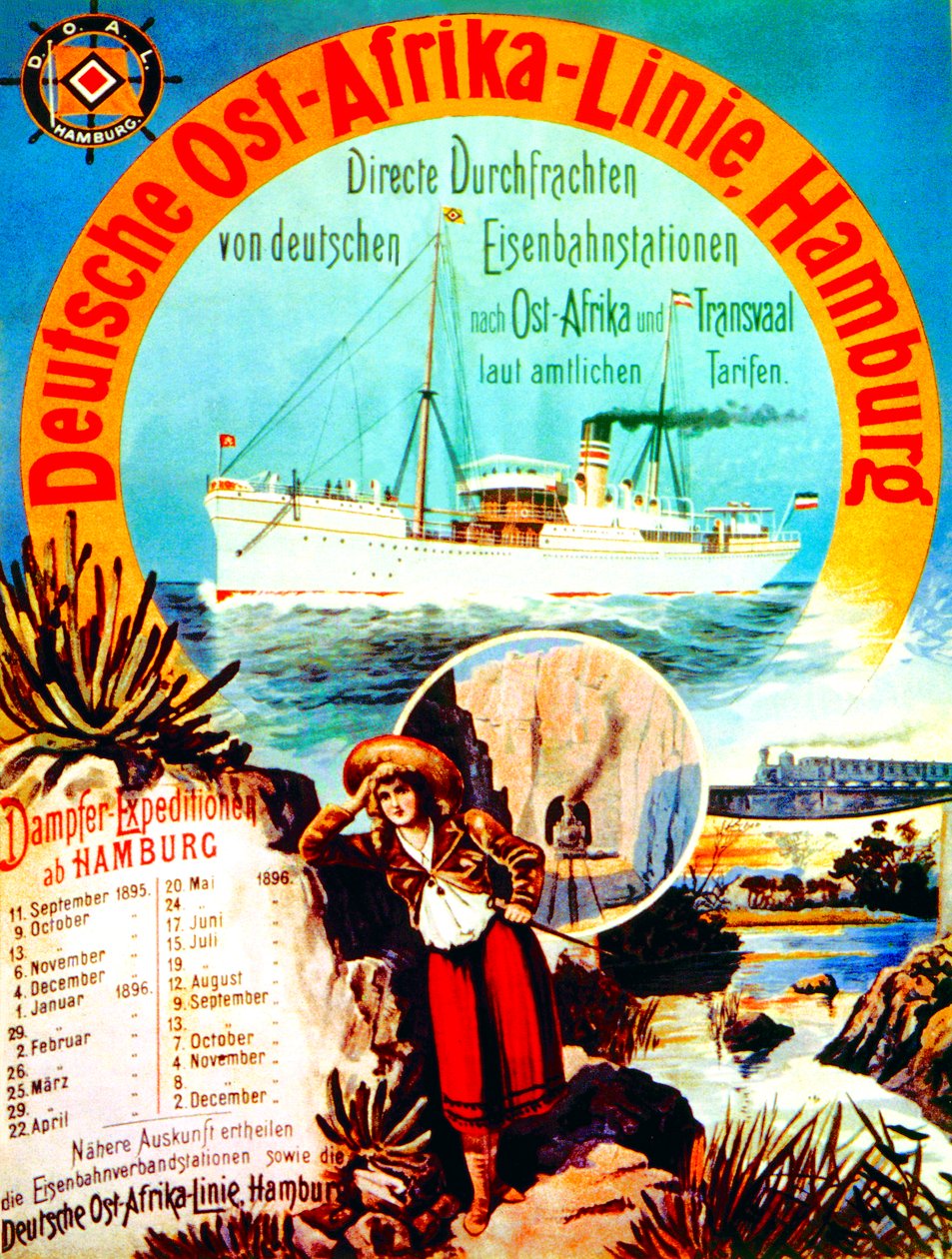 Affisch som annonserar den tyska östafrikalinjen, Hamburg, 1895 av German School