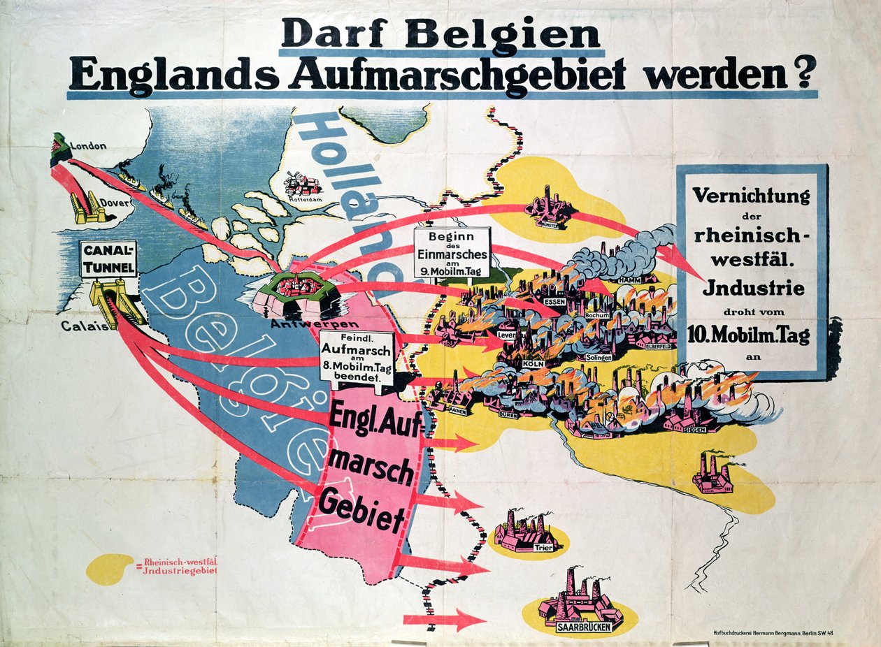 Affisch som uttrycker tysk oro över det föreslagna bygget av en kanaltunnel som förbinder Belgien och England, ca 1914-18 av German School